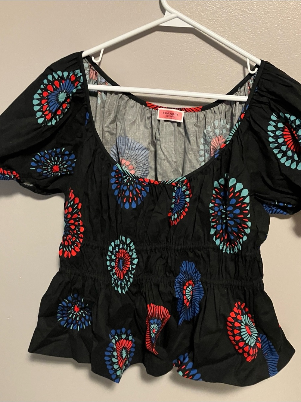 kate spade Black Floral Medallion Puff-Sleeve Peplum Top
